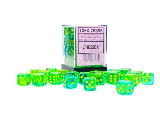 Chessex - CHX 26866 - Gemini Translucent - Green-Teal/yellow - 12mm 36 Ct
